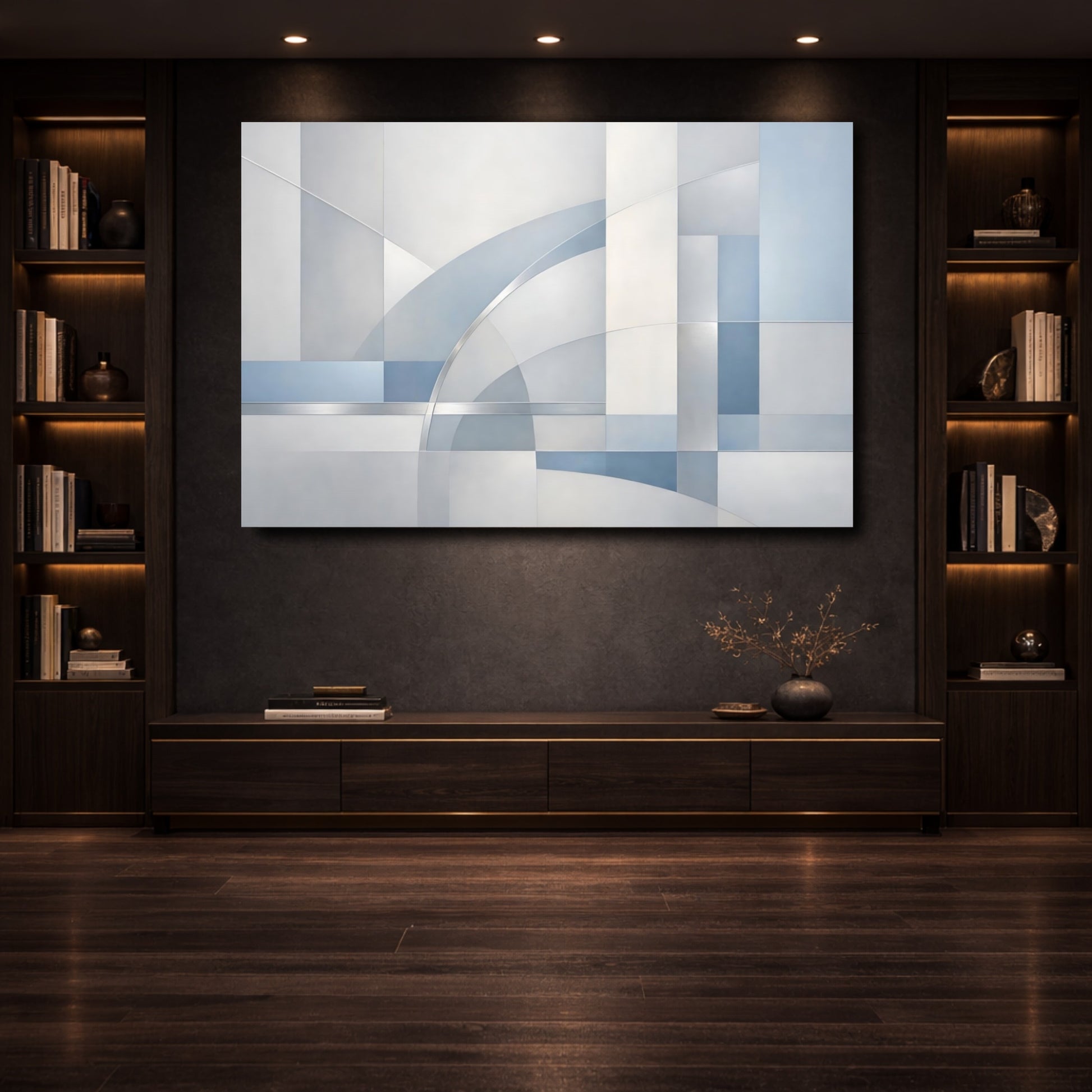 Mockup 3. Abstract Geometric Shapes Blue And Gray Geometry shown as stretched canvas wall art