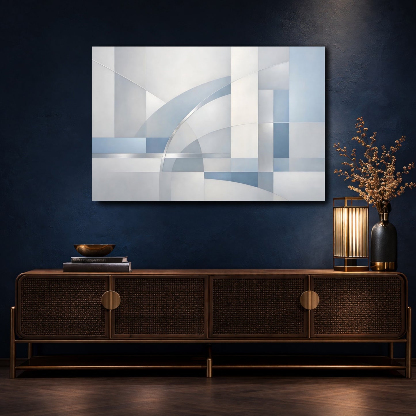 Mockup 4. Abstract Geometric Shapes Blue And Gray Geometry shown as stretched canvas wall art