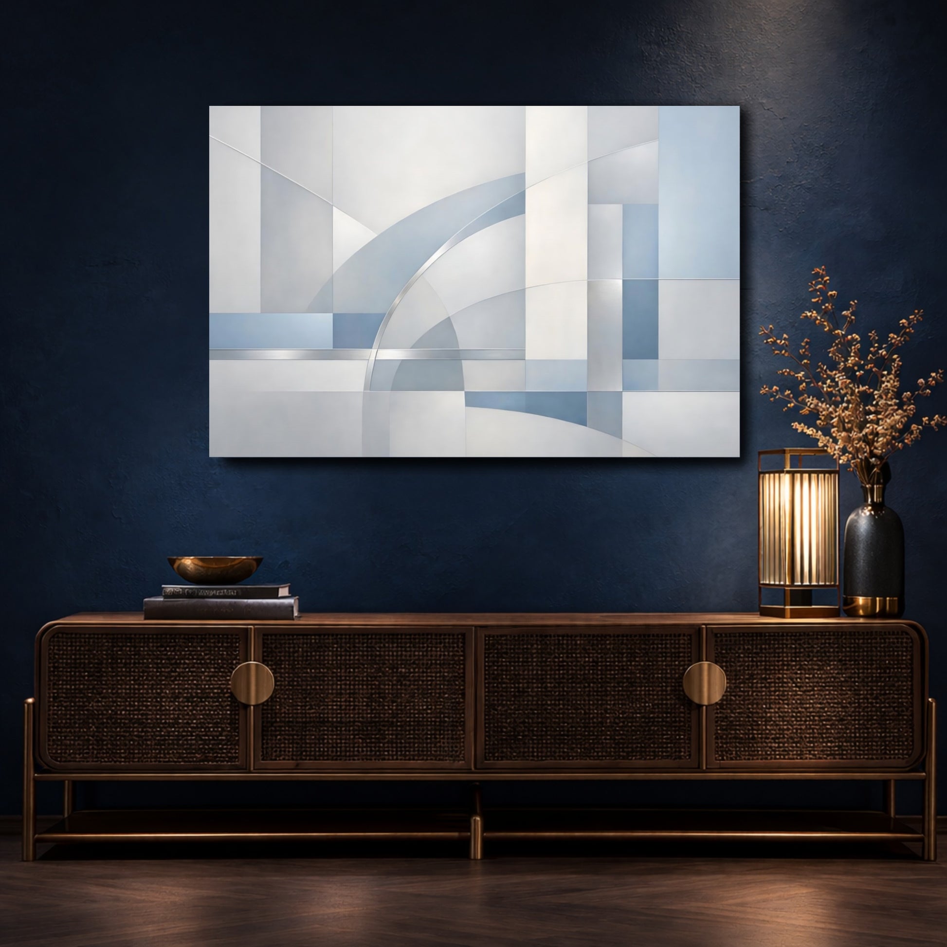 Mockup 4. Abstract Geometric Shapes Blue And Gray Geometry shown as stretched canvas wall art