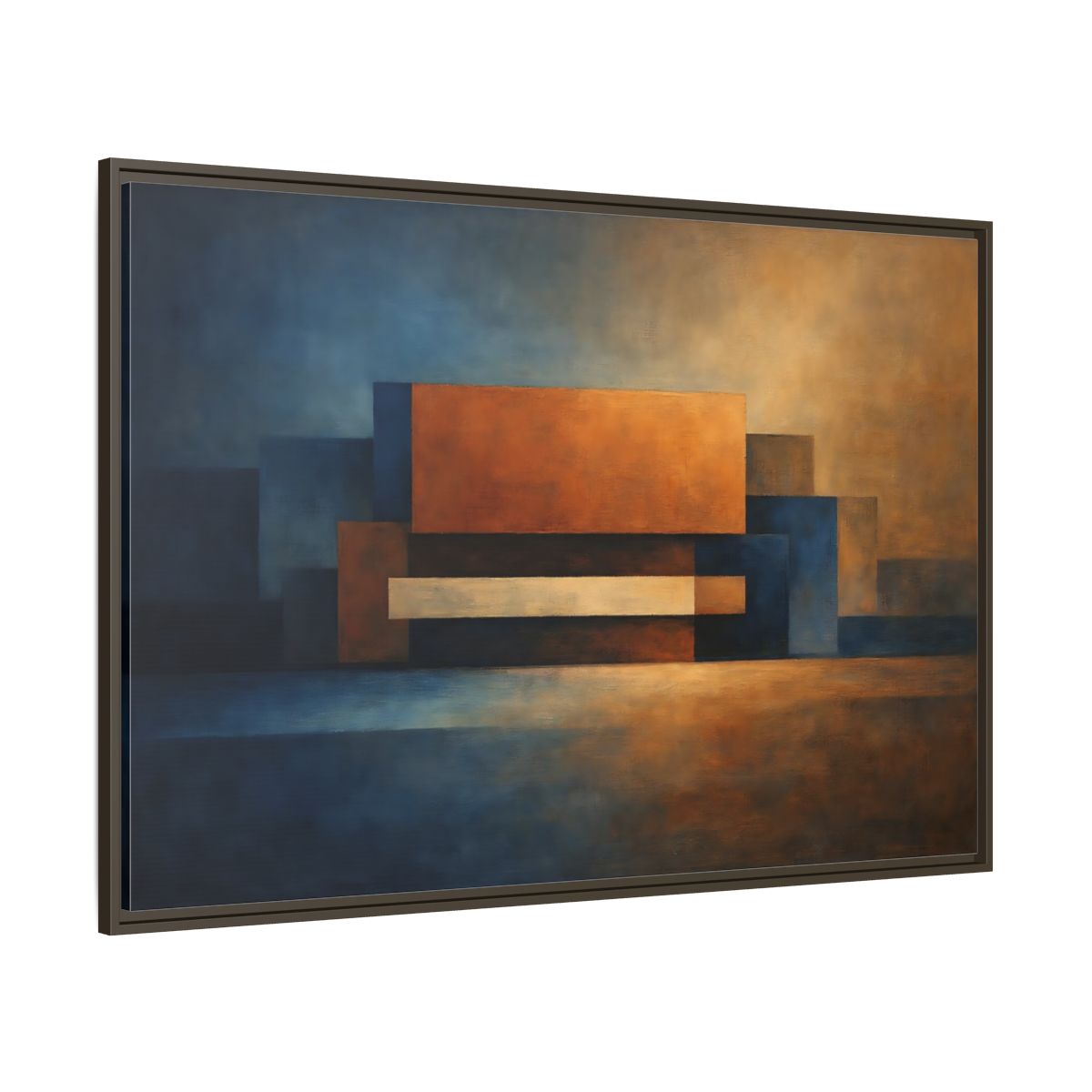 Main Mockup. Abstract Geometric Shapes Blue And Orange Abstract shown as stretched canvas wall art