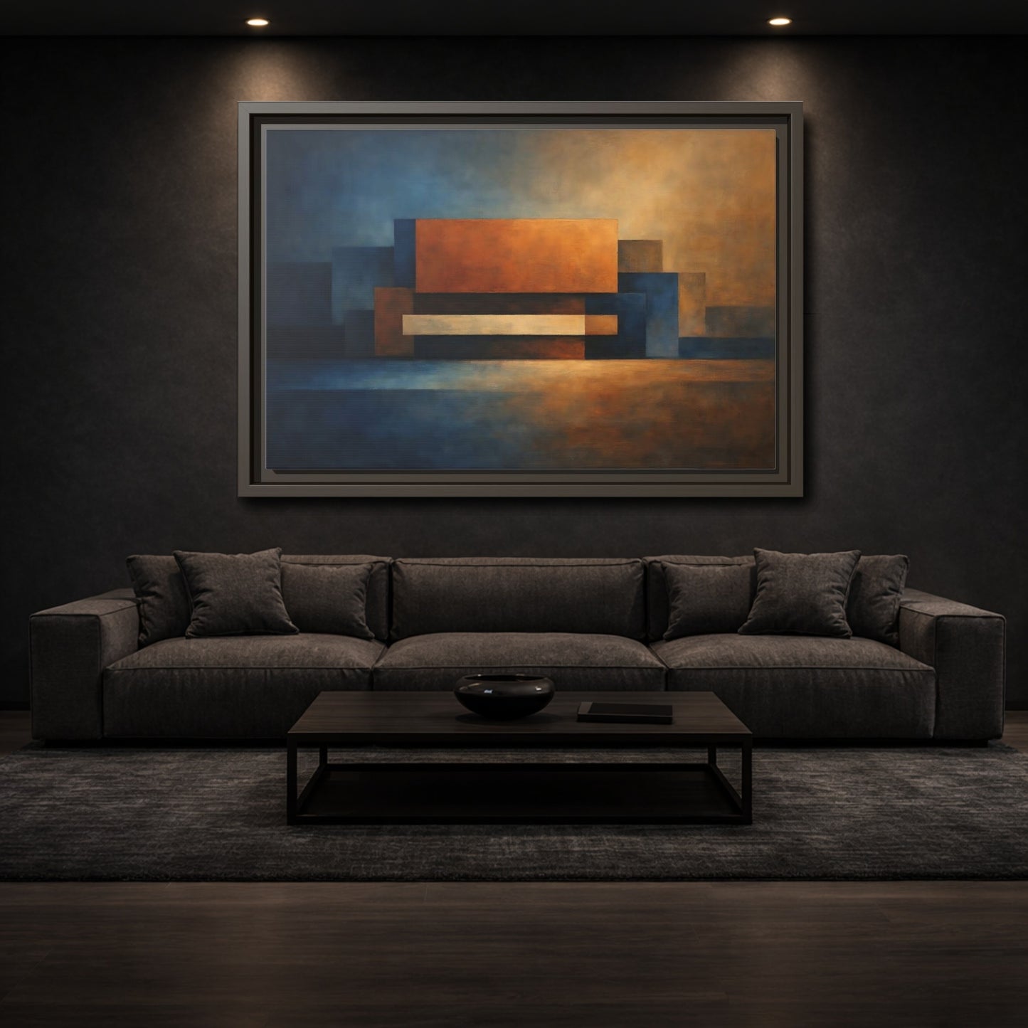 Mockup 2. Abstract Geometric Shapes Blue And Orange Abstract shown as stretched canvas wall art