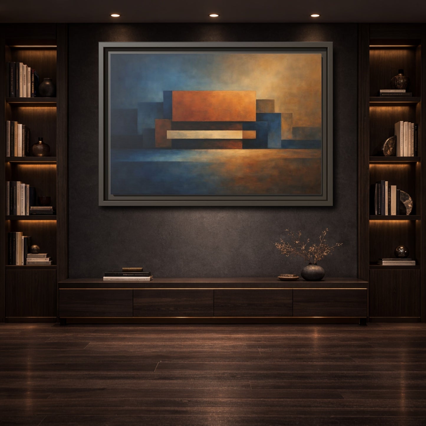 Mockup 3. Abstract Geometric Shapes Blue And Orange Abstract shown as stretched canvas wall art