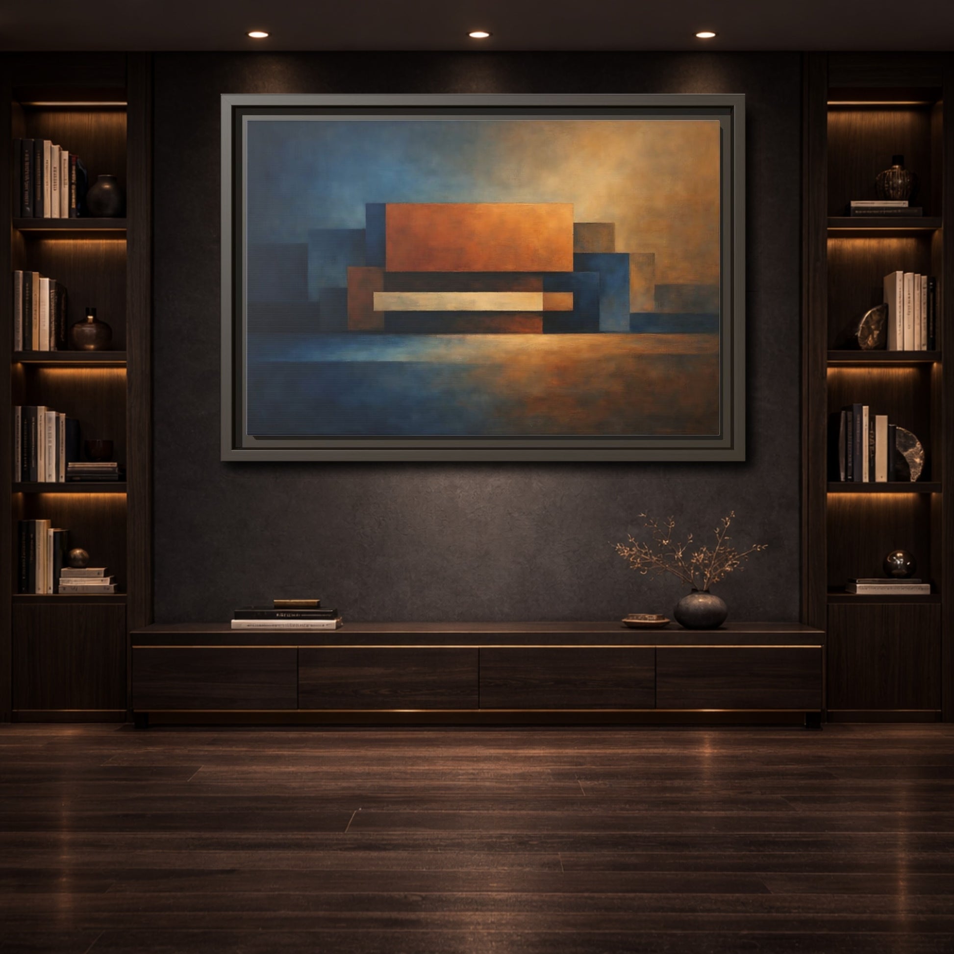 Mockup 3. Abstract Geometric Shapes Blue And Orange Abstract shown as stretched canvas wall art