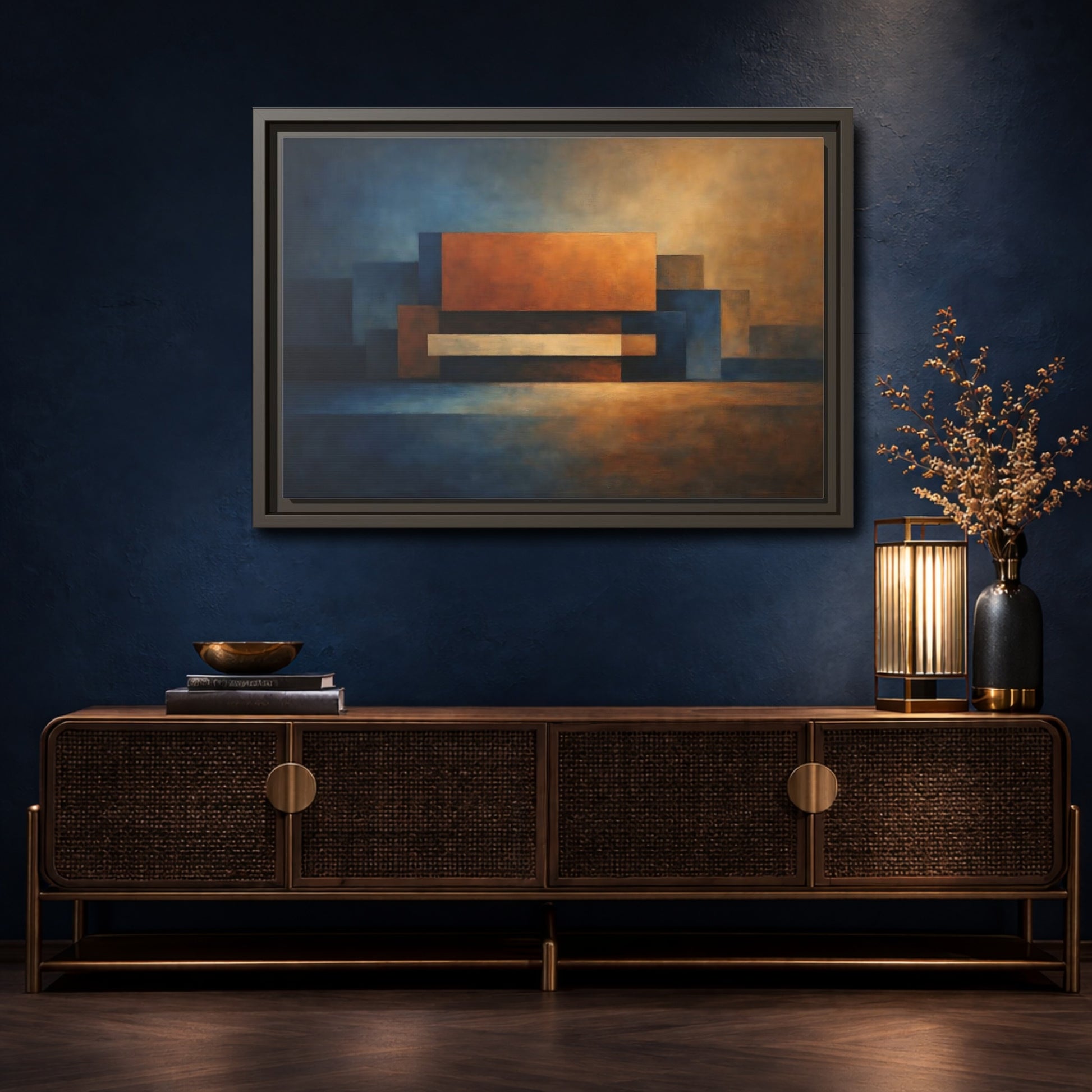 Mockup 4. Abstract Geometric Shapes Blue And Orange Abstract shown as stretched canvas wall art