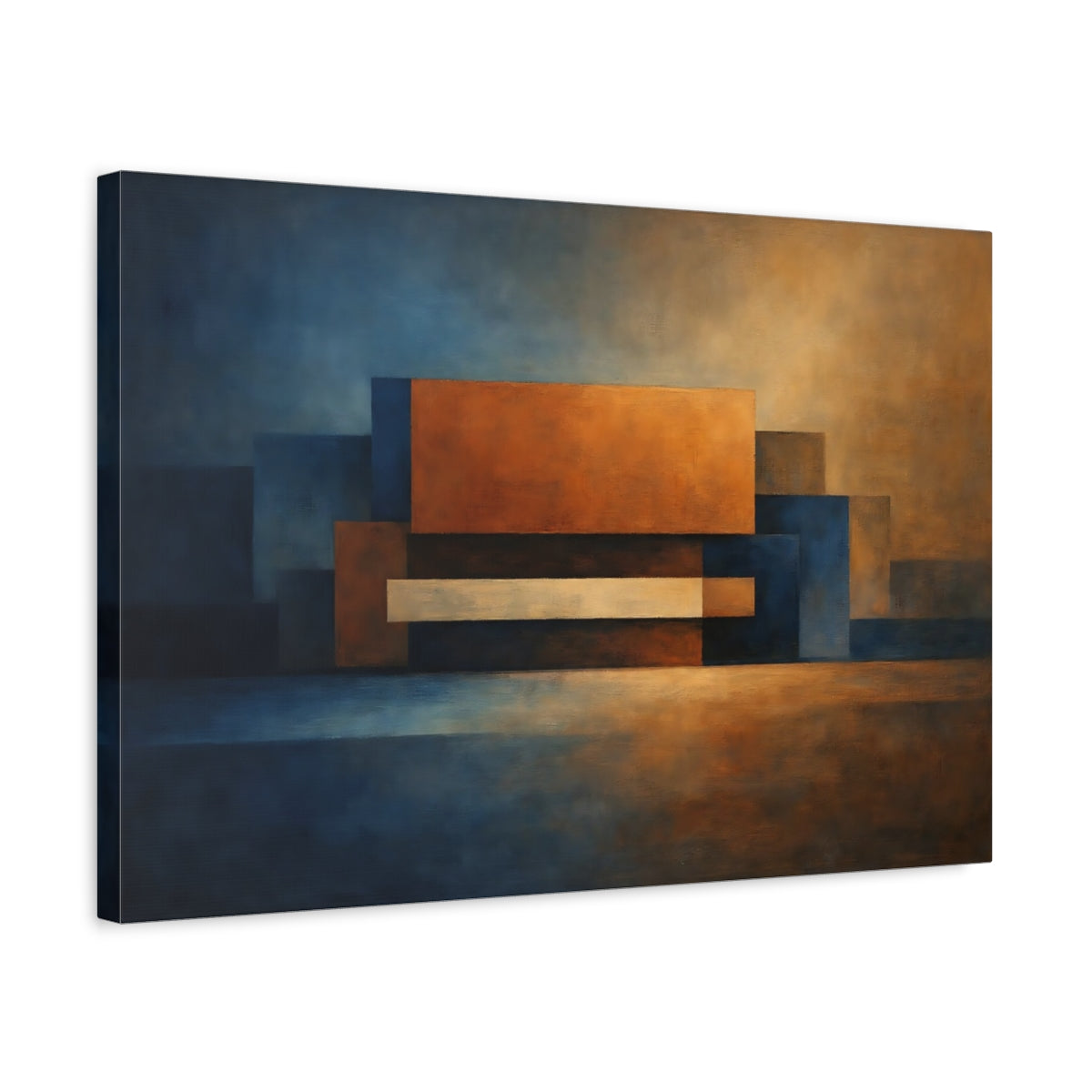 Side Mockup 3. Abstract Geometric Shapes Blue And Orange shown as stretched canvas wall art