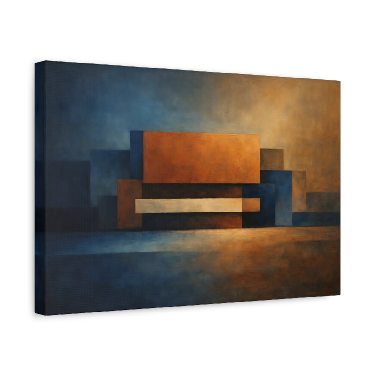 Side Mockup 4. Abstract Geometric Shapes Blue And Orange shown as stretched canvas wall art