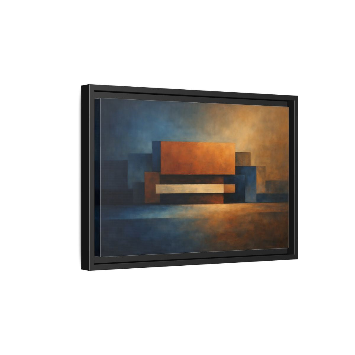 Side Mockup 6. Abstract Geometric Shapes Blue And Orange Abstract shown as stretched canvas wall art