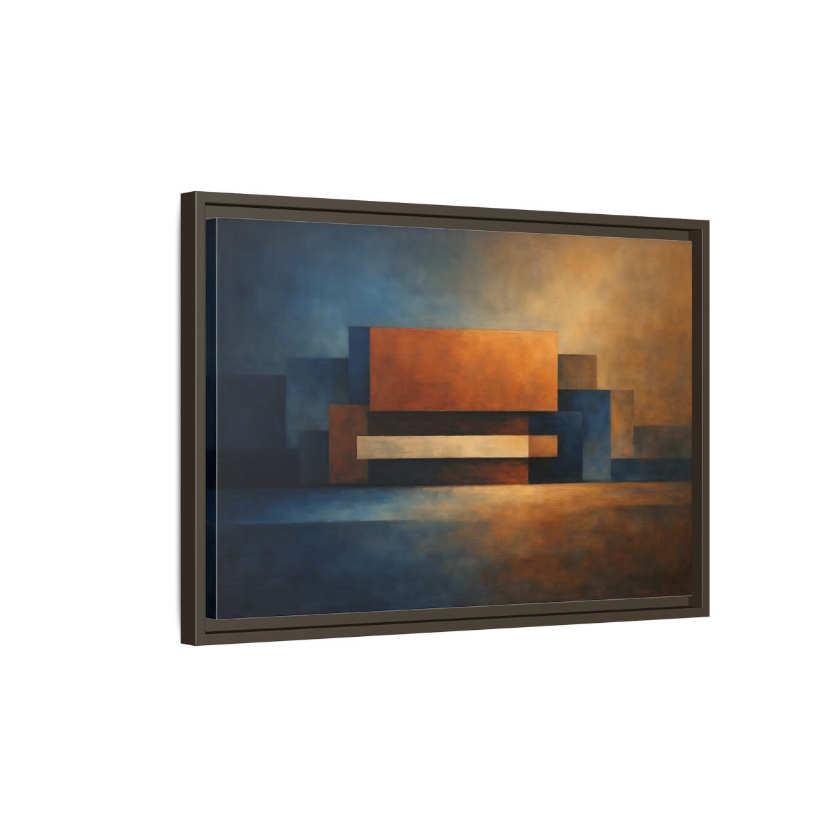 Side Mockup 2. Abstract Geometric Shapes Blue And Orange Abstract shown as stretched canvas wall art