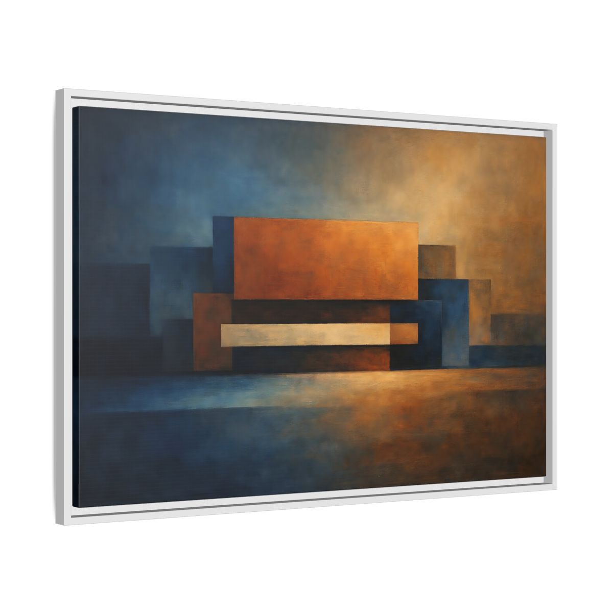 Side Mockup 8. Abstract Geometric Shapes Blue And Orange Abstract shown as stretched canvas wall art