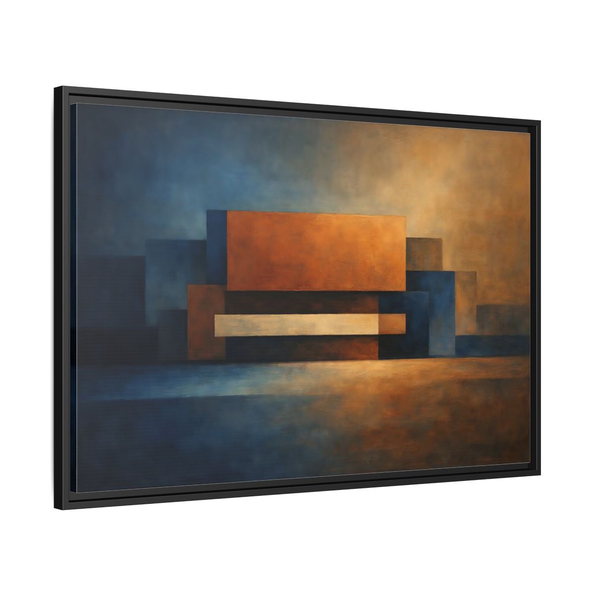 Side Mockup 13. Abstract Geometric Shapes Blue And Orange Abstract shown as stretched canvas wall art