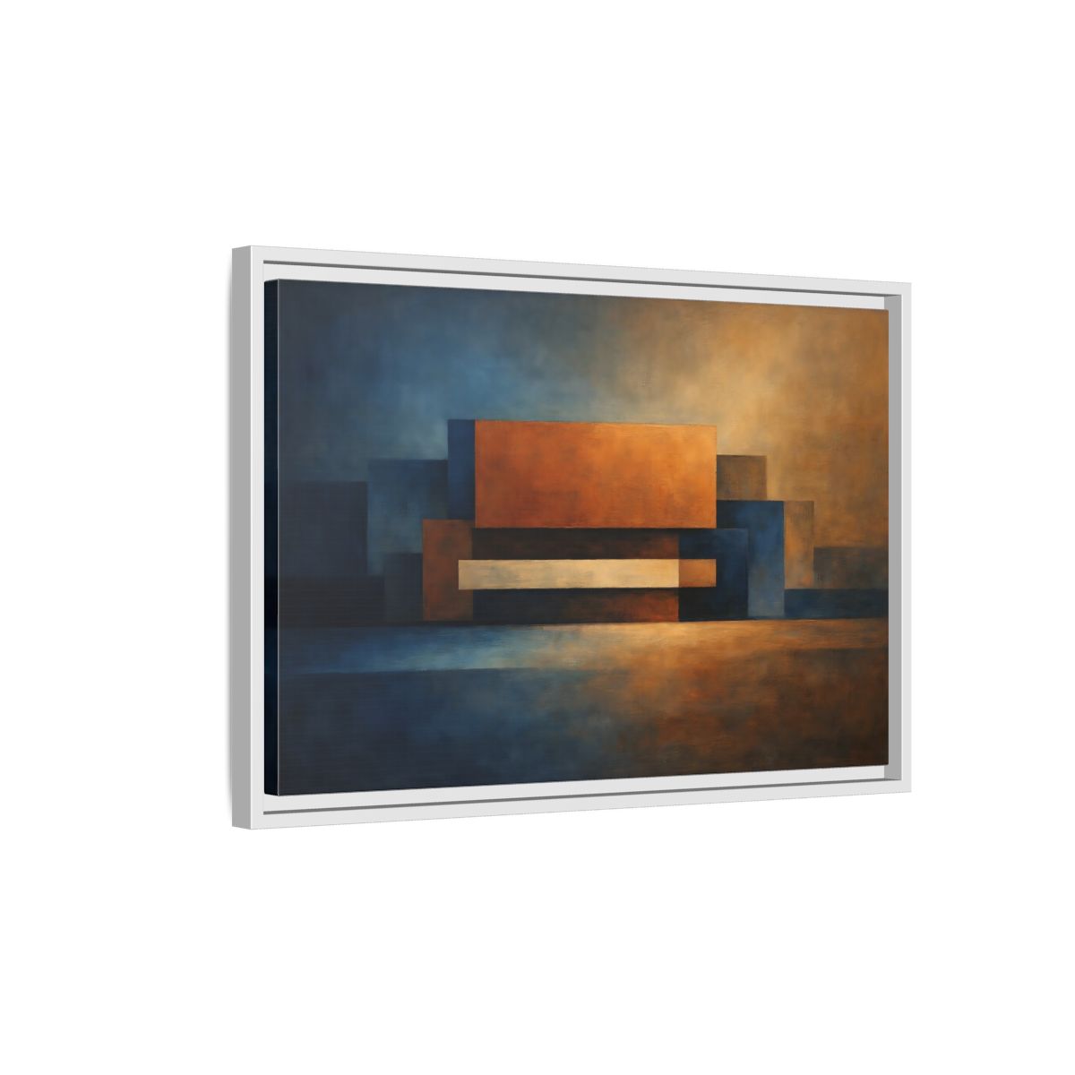 Side Mockup 1. Abstract Geometric Shapes Blue And Orange Abstract shown as stretched canvas wall art