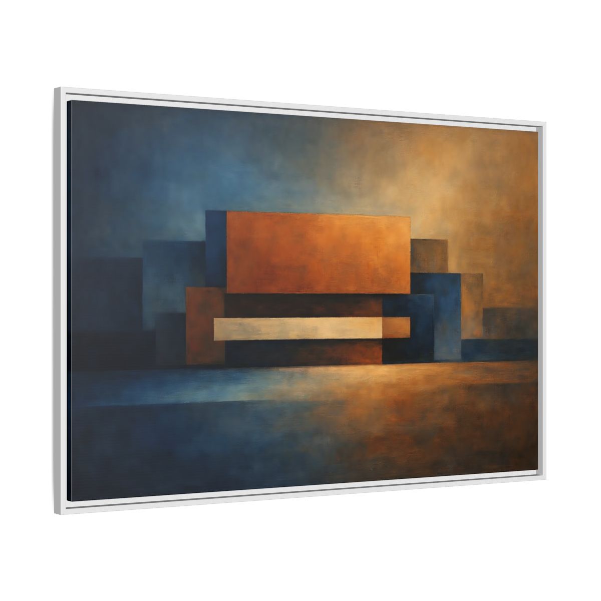 Side Mockup 7. Abstract Geometric Shapes Blue And Orange Abstract shown as stretched canvas wall art