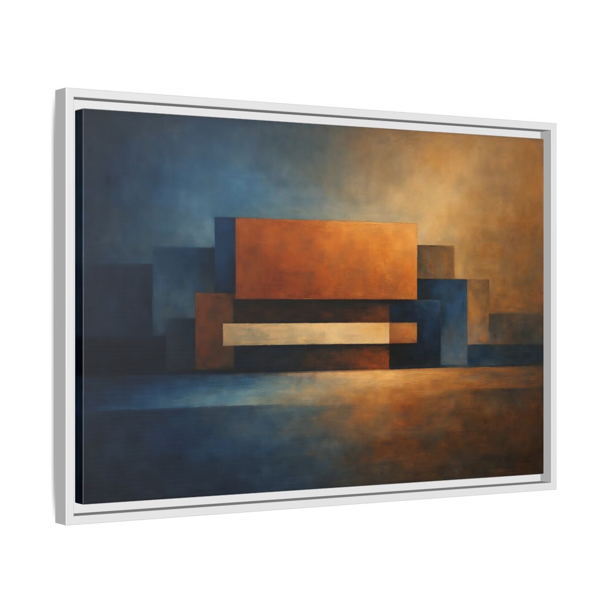 Side Mockup 10. Abstract Geometric Shapes Blue And Orange Abstract shown as stretched canvas wall art