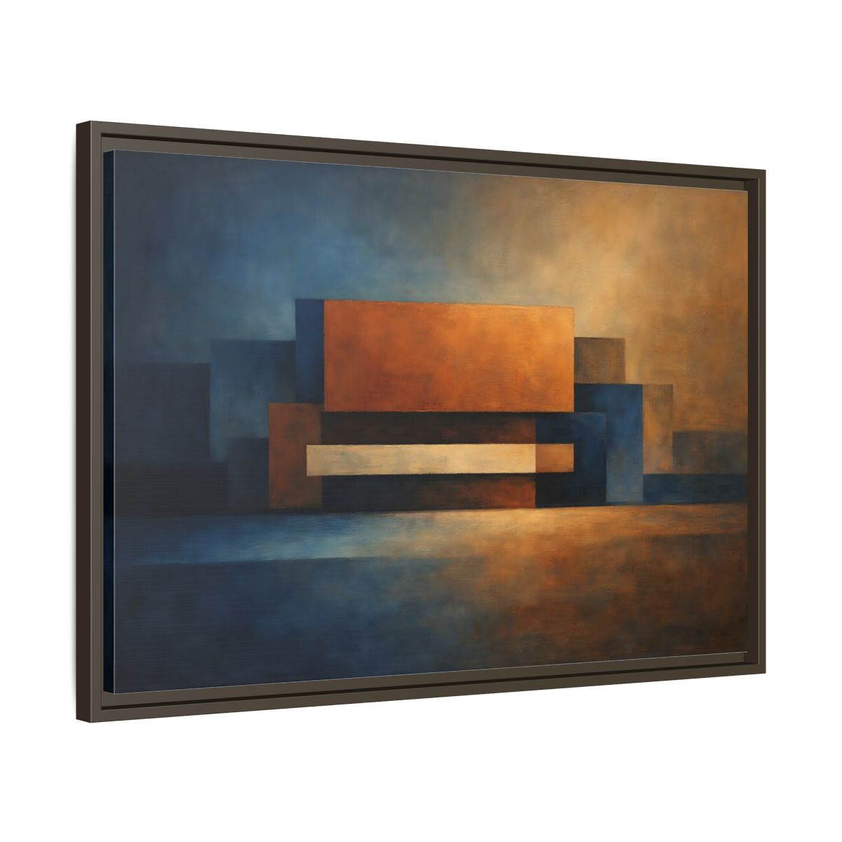 Side Mockup 11. Abstract Geometric Shapes Blue And Orange Abstract shown as stretched canvas wall art