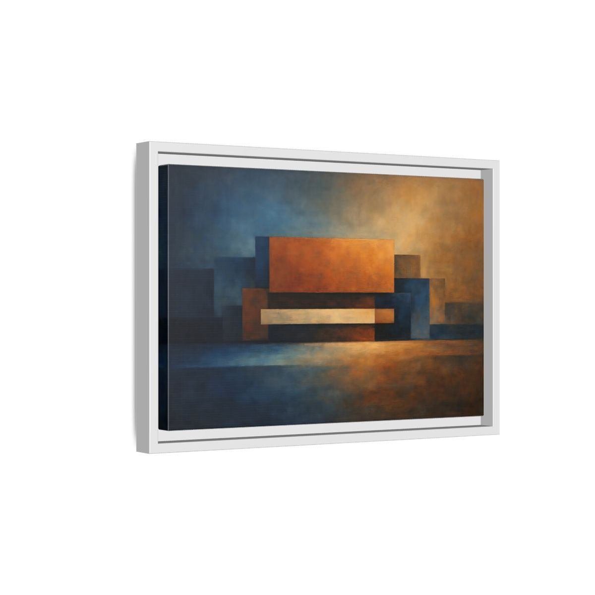 Side Mockup 4. Abstract Geometric Shapes Blue And Orange Abstract shown as stretched canvas wall art