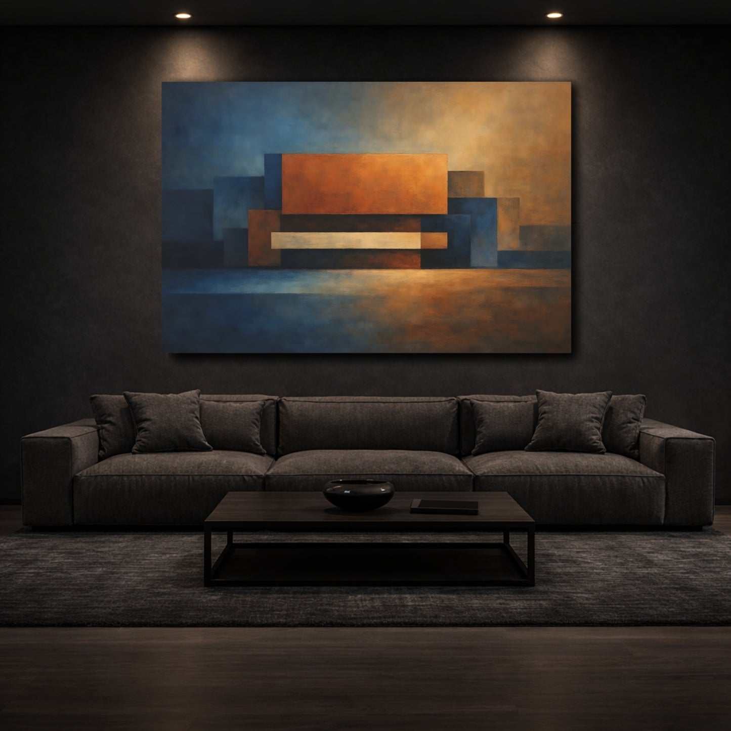 Mockup 2. Abstract Geometric Shapes Blue And Orange shown as stretched canvas wall art