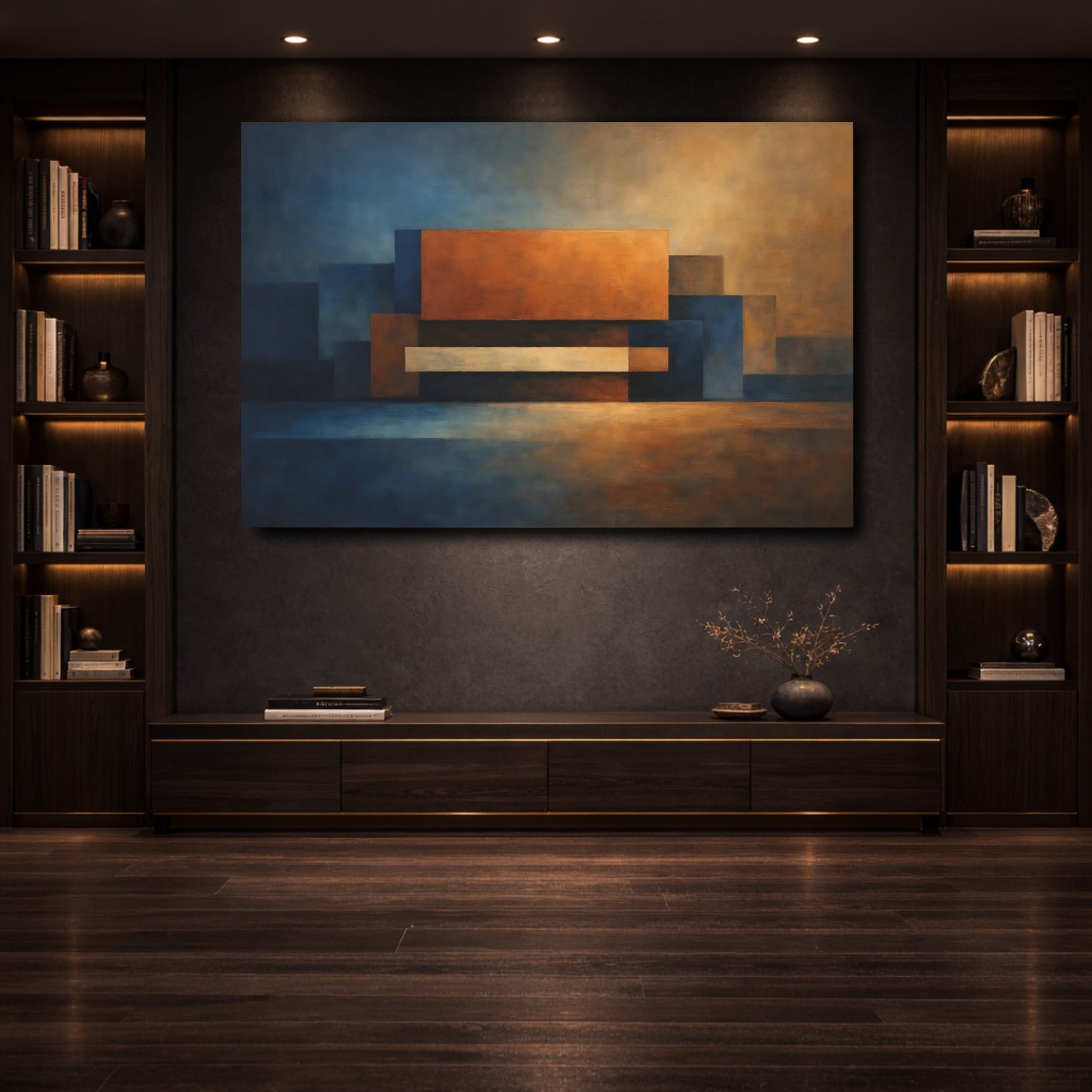 Mockup 3. Abstract Geometric Shapes Blue And Orange shown as stretched canvas wall art