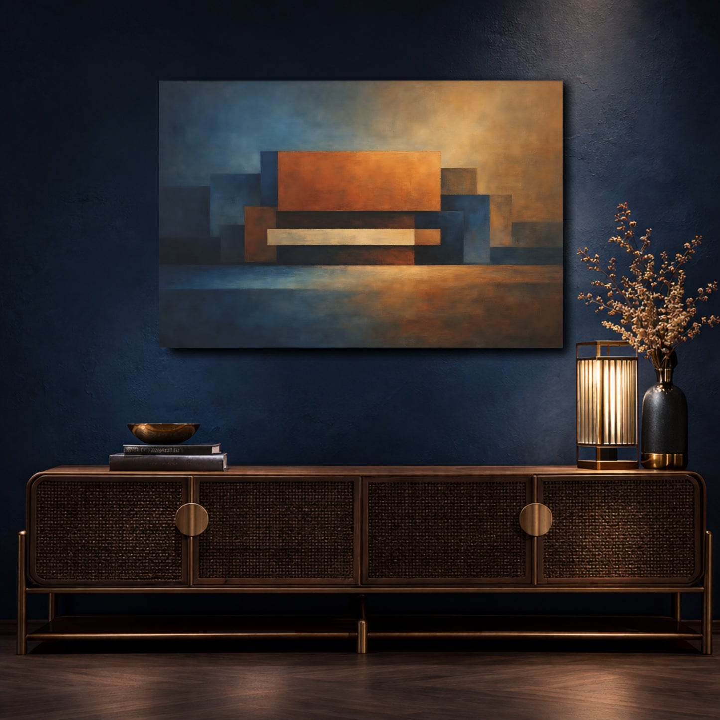 Mockup 4. Abstract Geometric Shapes Blue And Orange shown as stretched canvas wall art