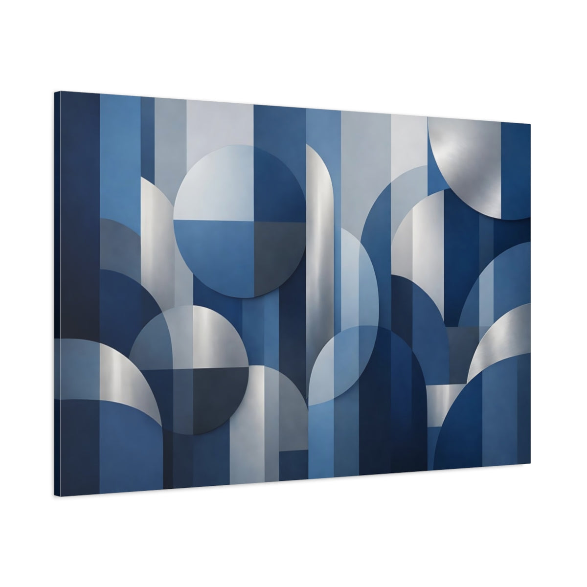Main Mockup. Abstract Geometric Shapes Blue And Silver shown as stretched canvas wall art