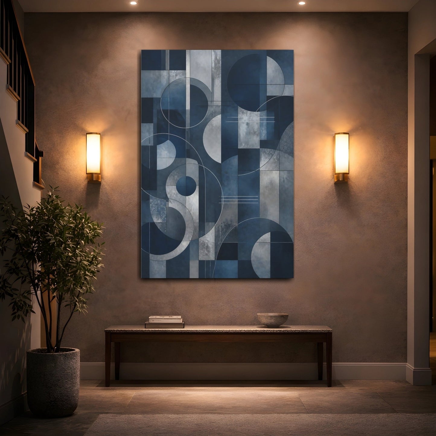 Abstract Geometric Shapes Blue And Silver Canvas Print – Modern Decor for Living Room, Above Sofa - YesArtYes