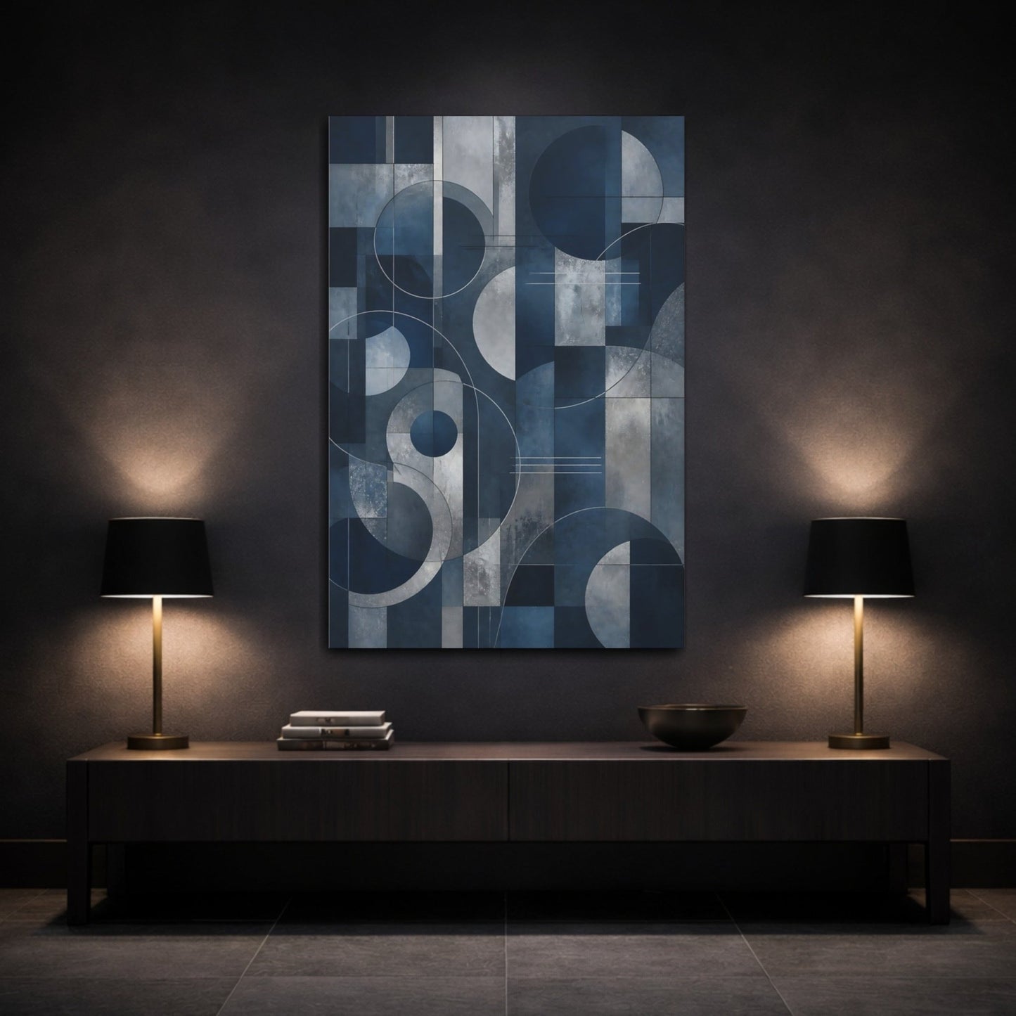 Abstract Geometric Shapes Blue And Silver Canvas Print – Modern Decor for Living Room, Above Sofa - YesArtYes