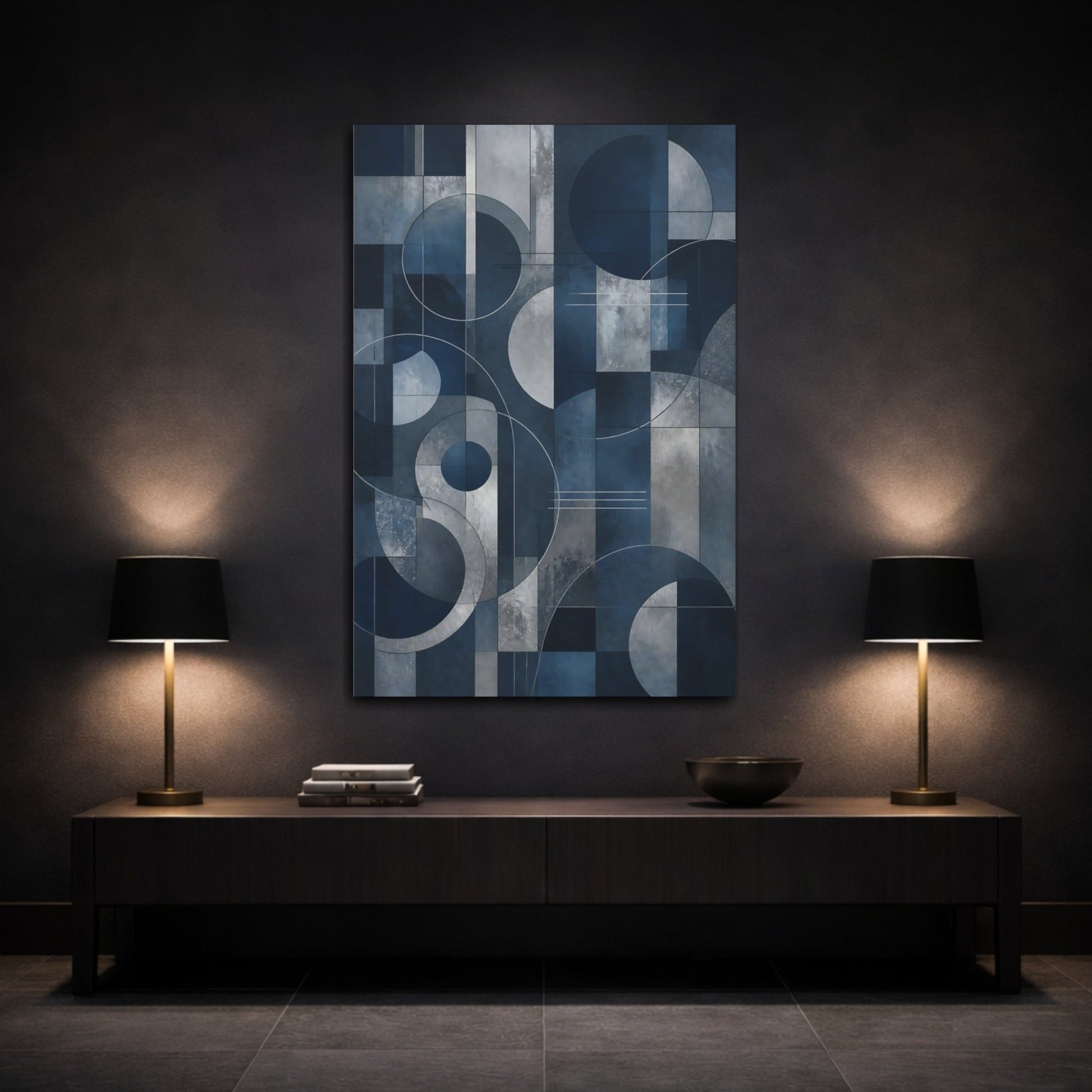 Abstract Geometric Shapes Blue And Silver Canvas Print – Modern Decor for Living Room, Above Sofa - YesArtYes