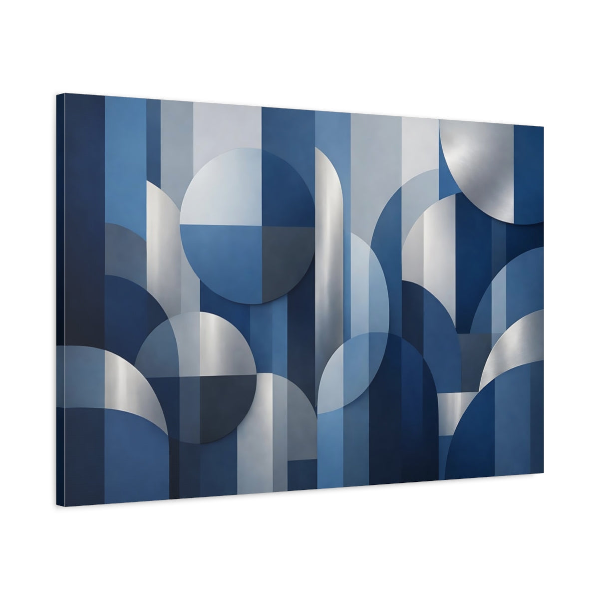 Side Mockup 1. Abstract Geometric Shapes Blue And Silver shown as stretched canvas wall art