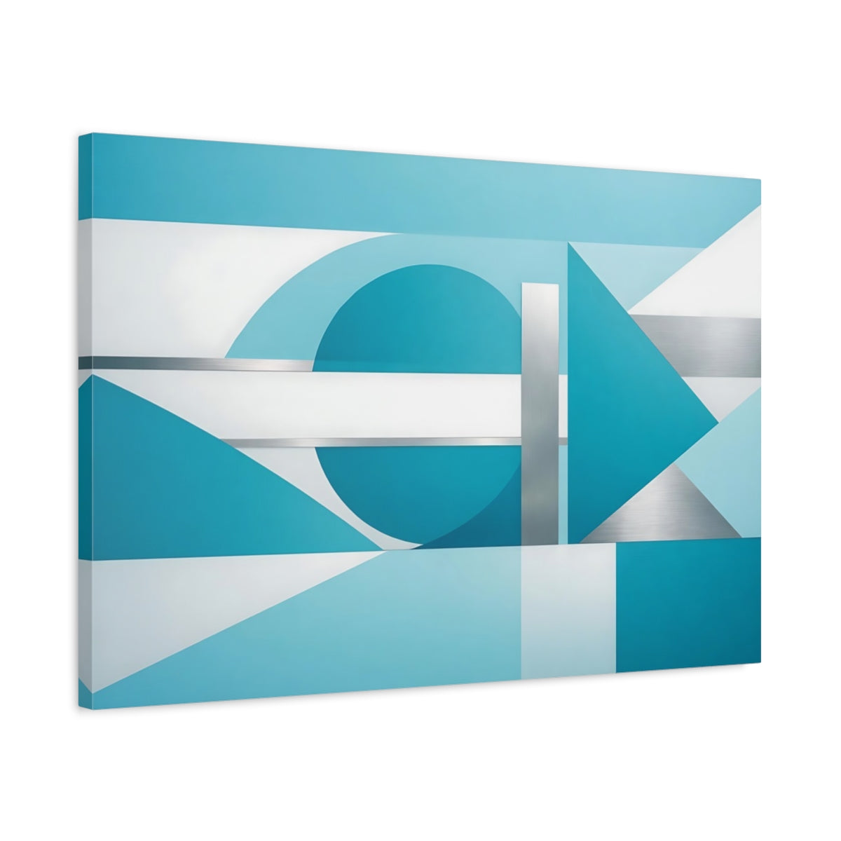 Side Mockup 2. Abstract Geometric Shapes Blue And Silver shown as stretched canvas wall art