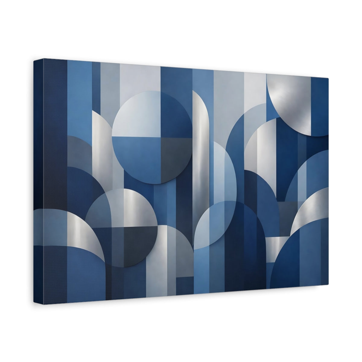 Side Mockup 4. Abstract Geometric Shapes Blue And Silver shown as stretched canvas wall art