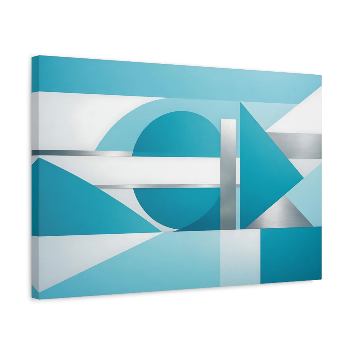 Side Mockup 3. Abstract Geometric Shapes Blue And Silver shown as stretched canvas wall art