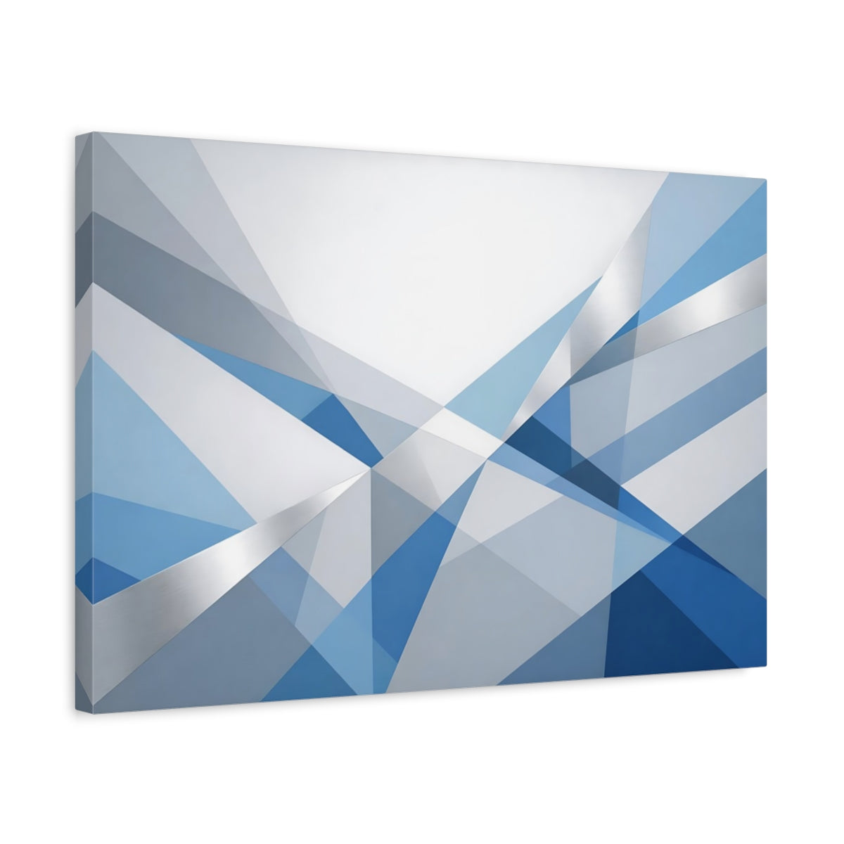 Side Mockup 3. Abstract Geometric Shapes Blue And Silver shown as stretched canvas wall art