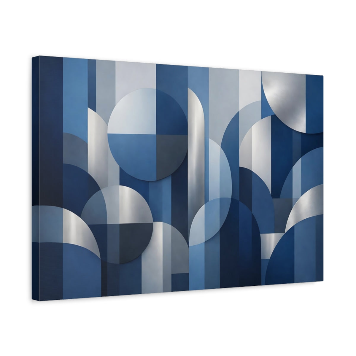 Side Mockup 3. Abstract Geometric Shapes Blue And Silver shown as stretched canvas wall art