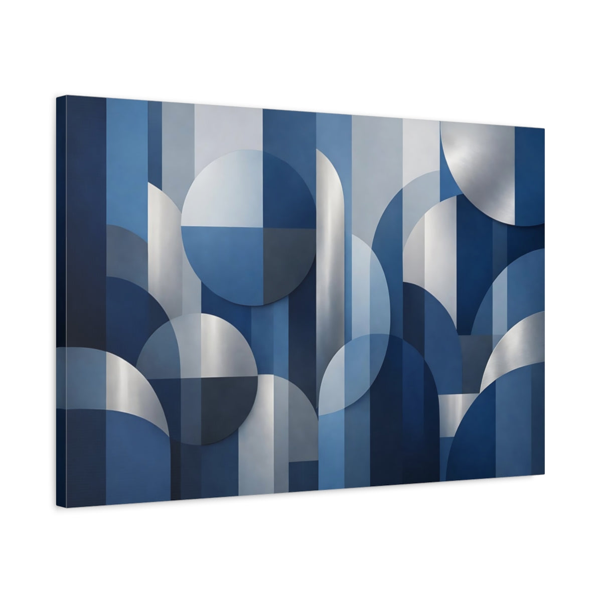 Side Mockup 2. Abstract Geometric Shapes Blue And Silver shown as stretched canvas wall art