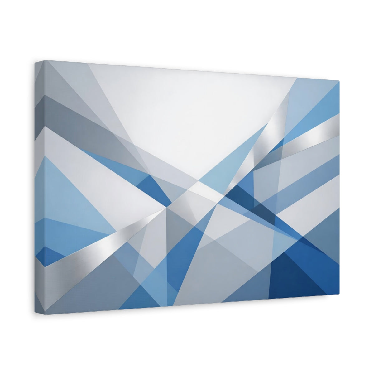 Side Mockup 4. Abstract Geometric Shapes Blue And Silver shown as stretched canvas wall art