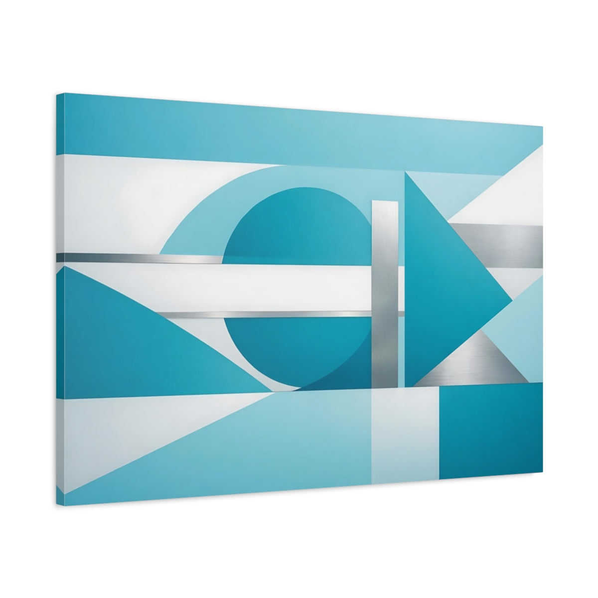 Side Mockup 1. Abstract Geometric Shapes Blue And Silver shown as stretched canvas wall art