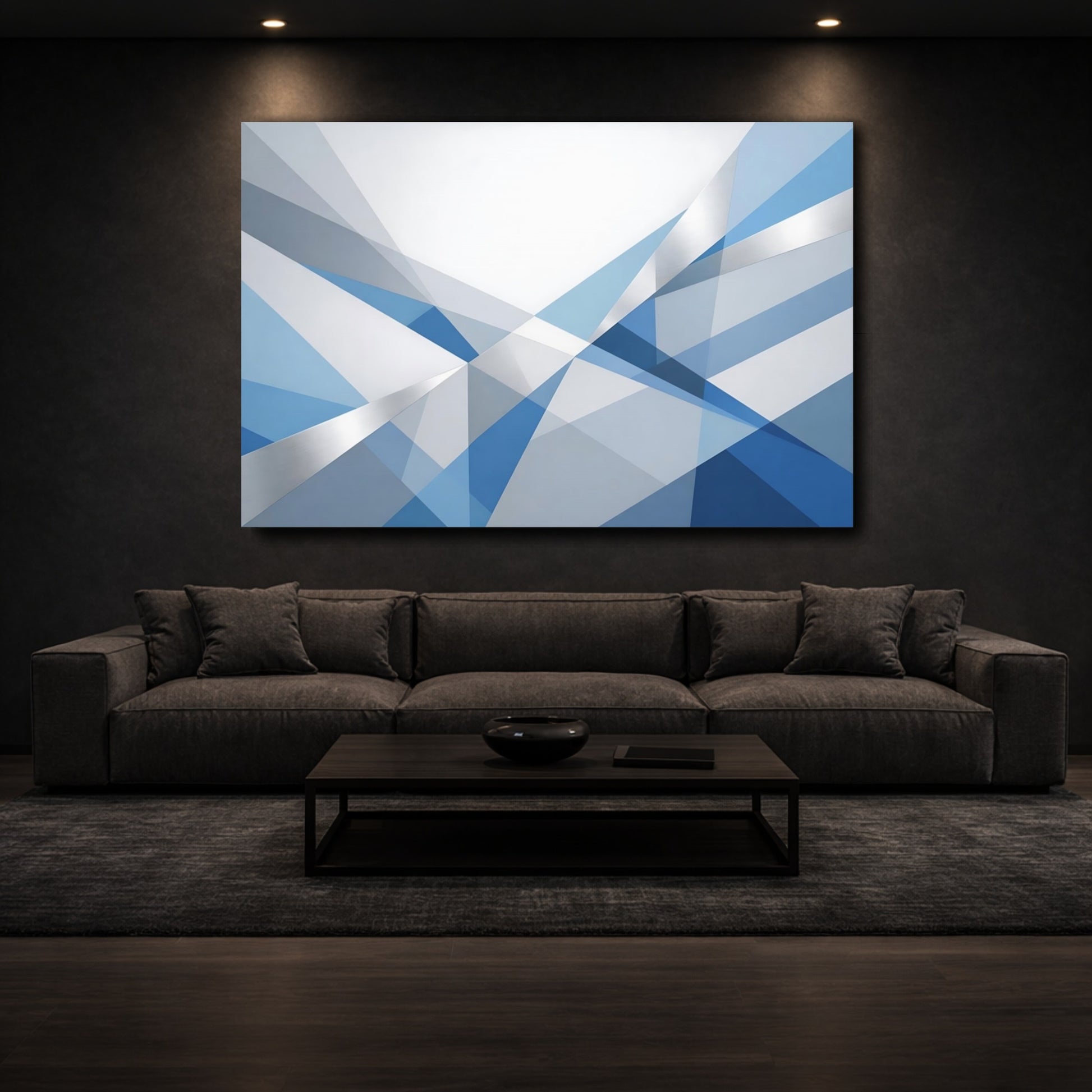 Mockup 2. Abstract Geometric Shapes Blue And Silver shown as stretched canvas wall art