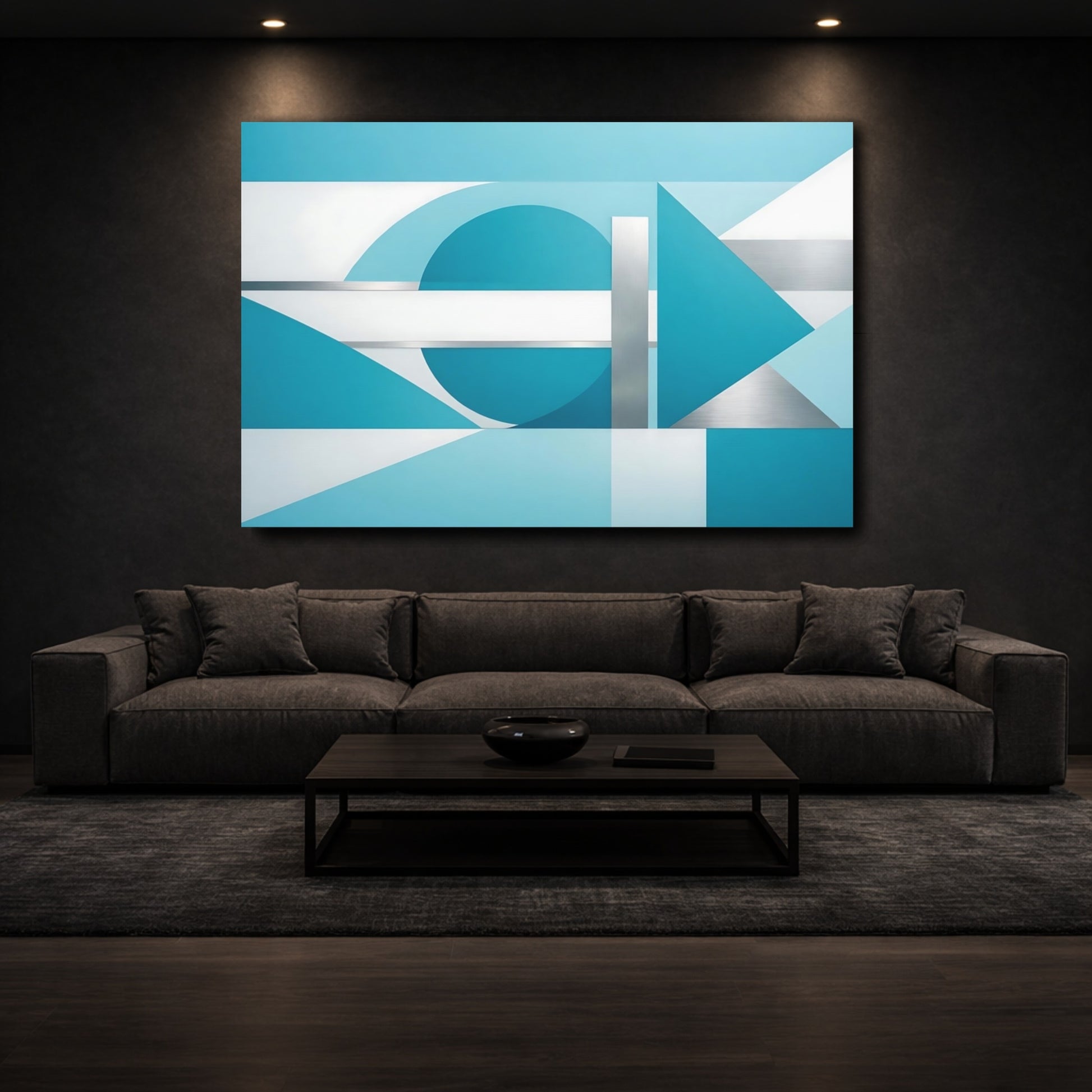 Mockup 2. Abstract Geometric Shapes Blue And Silver shown as stretched canvas wall art