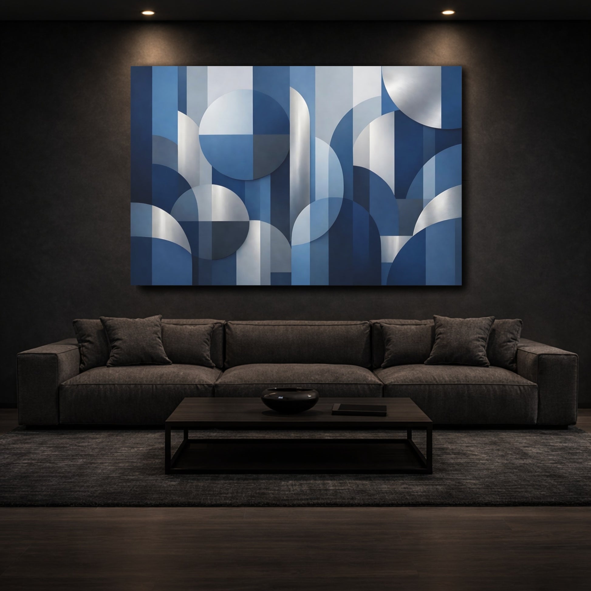 Mockup 2. Abstract Geometric Shapes Blue And Silver shown as stretched canvas wall art