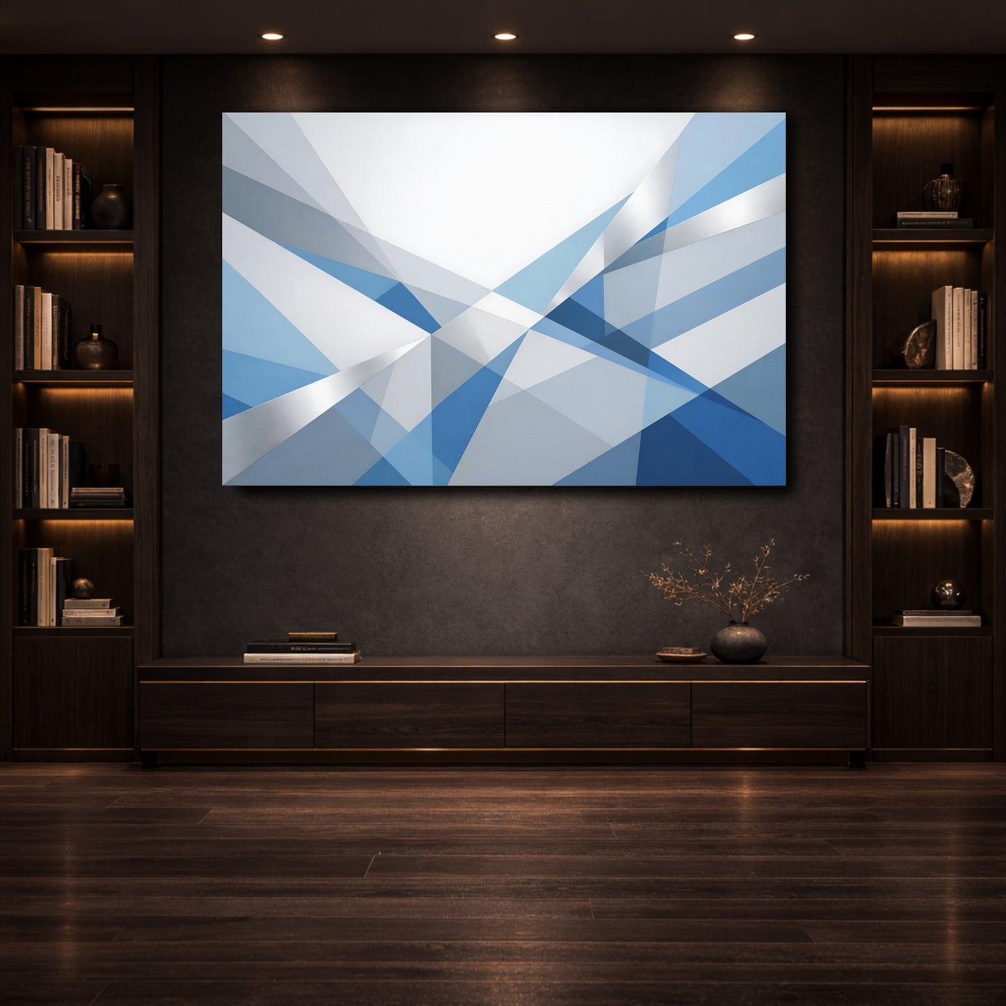 Mockup 3. Abstract Geometric Shapes Blue And Silver shown as stretched canvas wall art