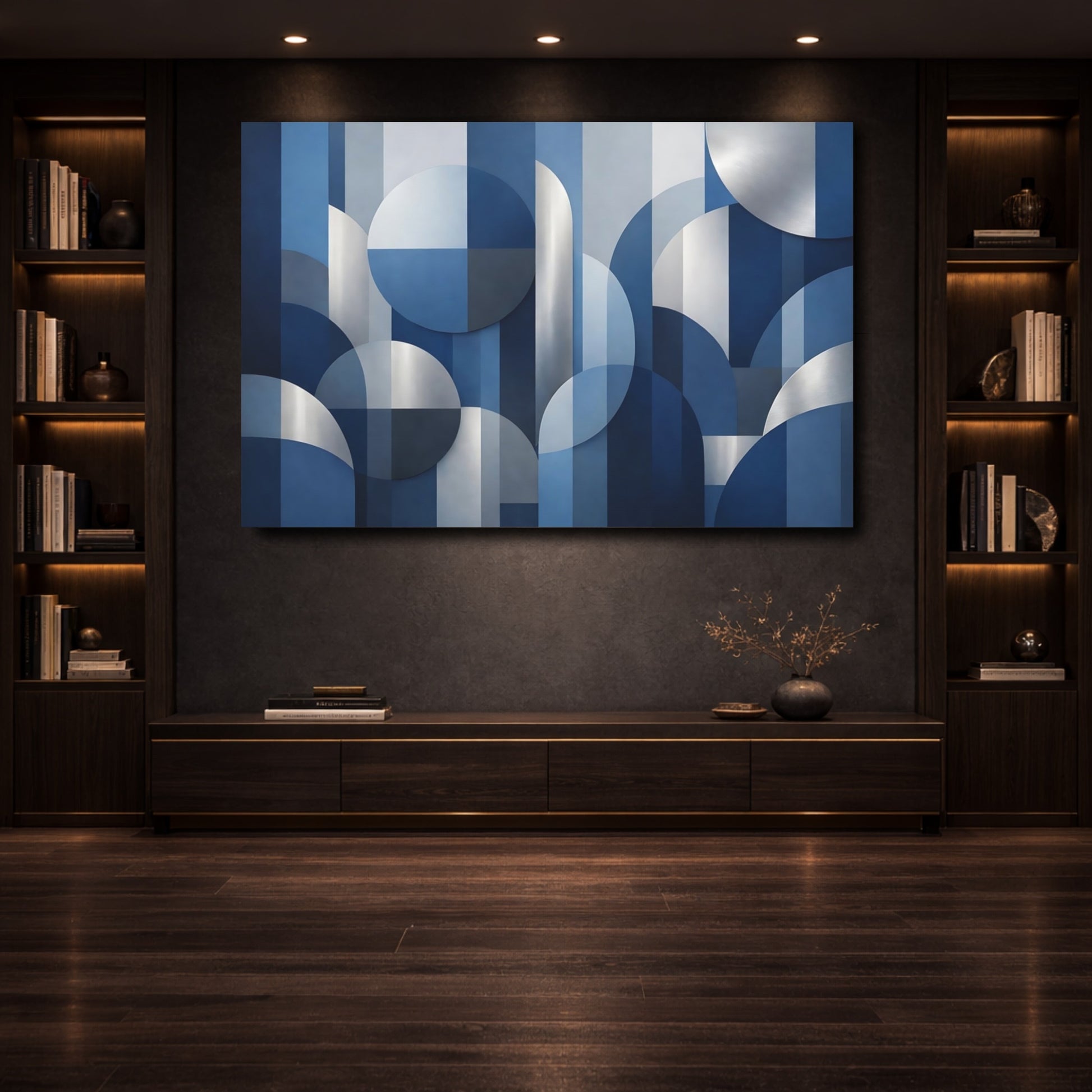 Mockup 3. Abstract Geometric Shapes Blue And Silver shown as stretched canvas wall art