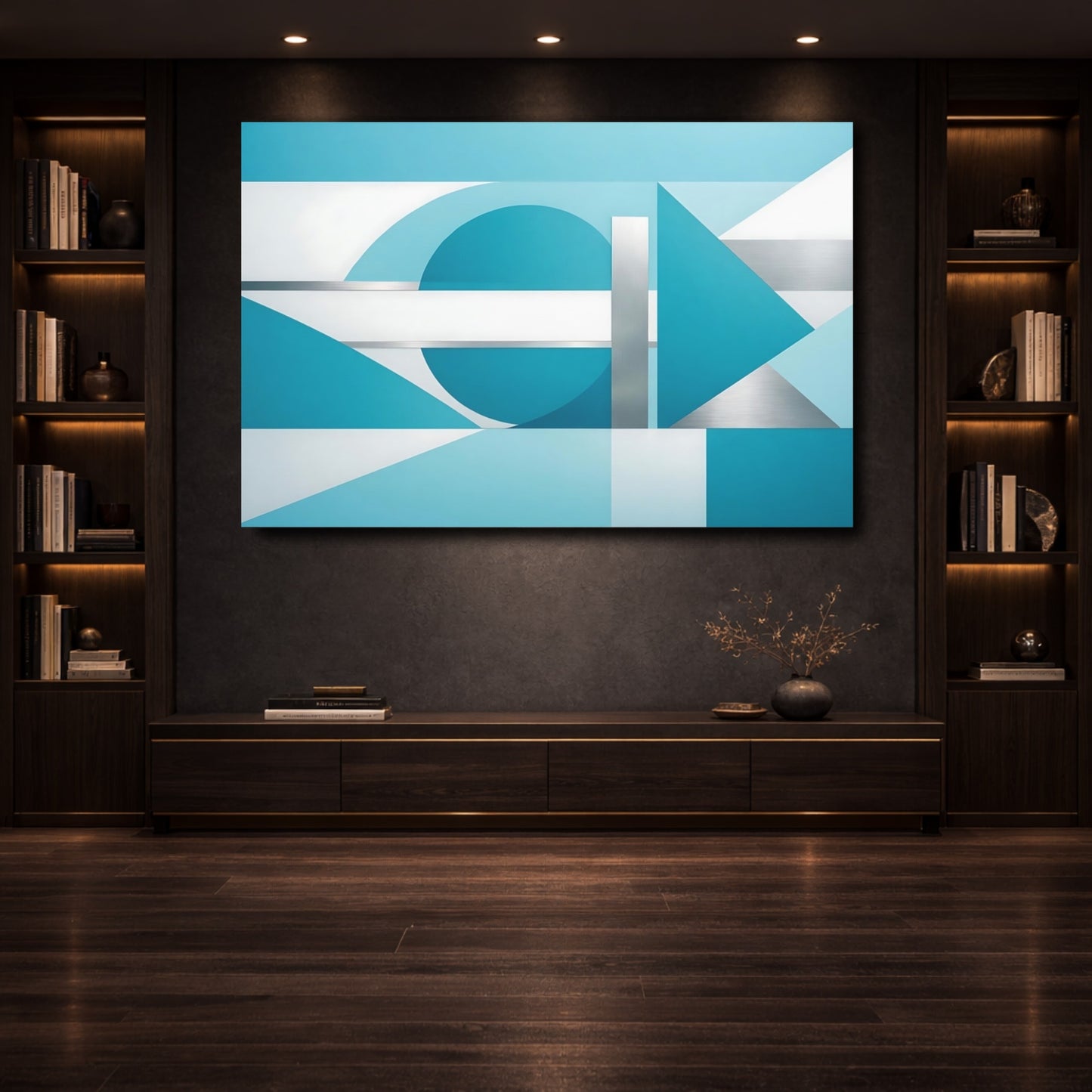 Mockup 3. Abstract Geometric Shapes Blue And Silver shown as stretched canvas wall art