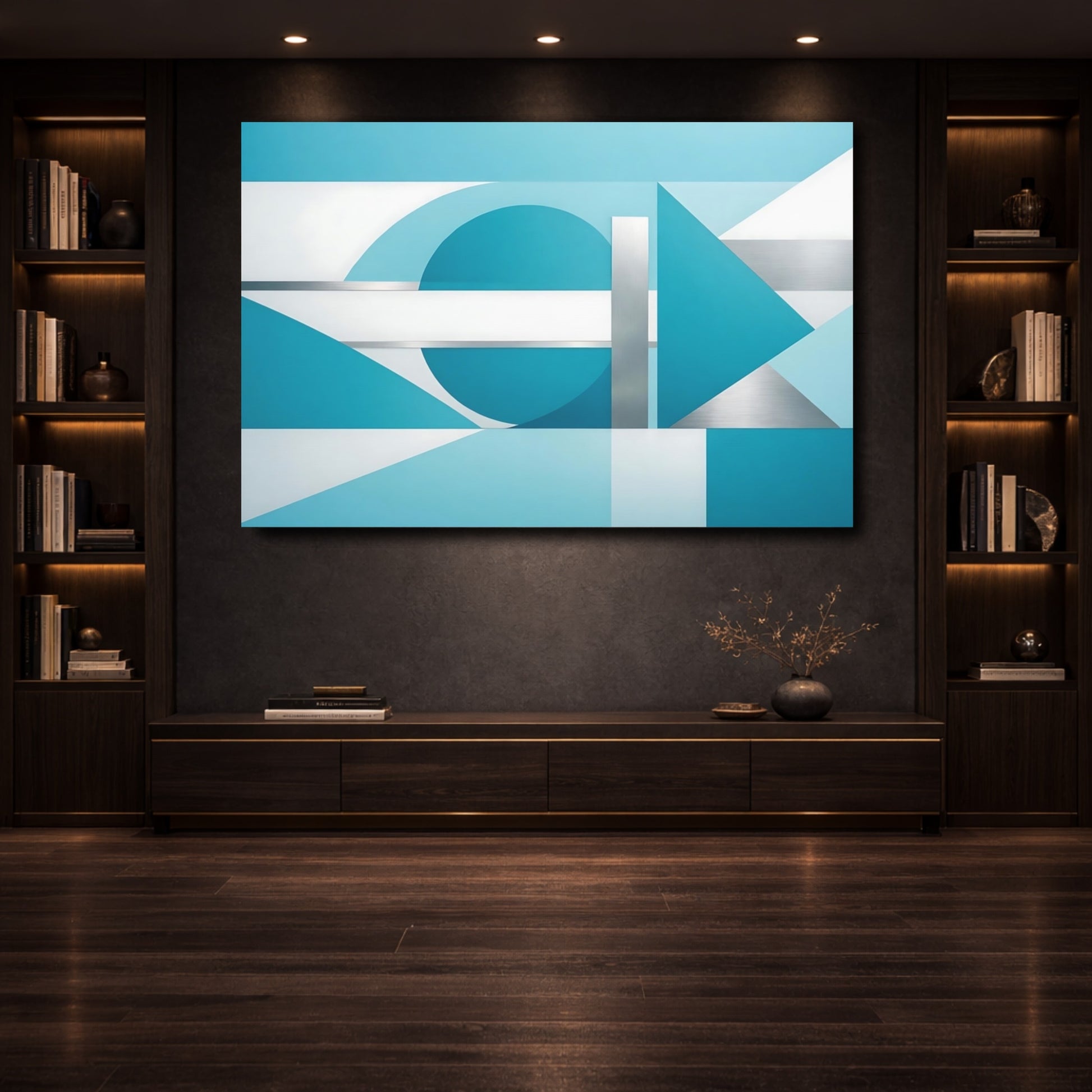 Mockup 3. Abstract Geometric Shapes Blue And Silver shown as stretched canvas wall art