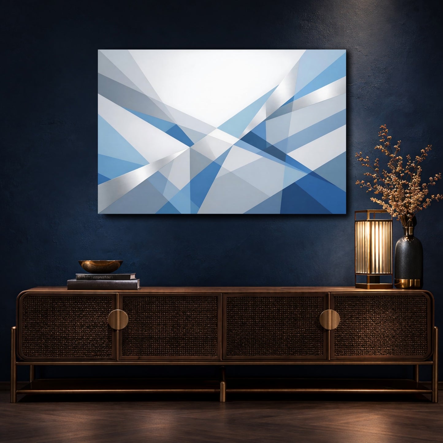 Mockup 4. Abstract Geometric Shapes Blue And Silver shown as stretched canvas wall art