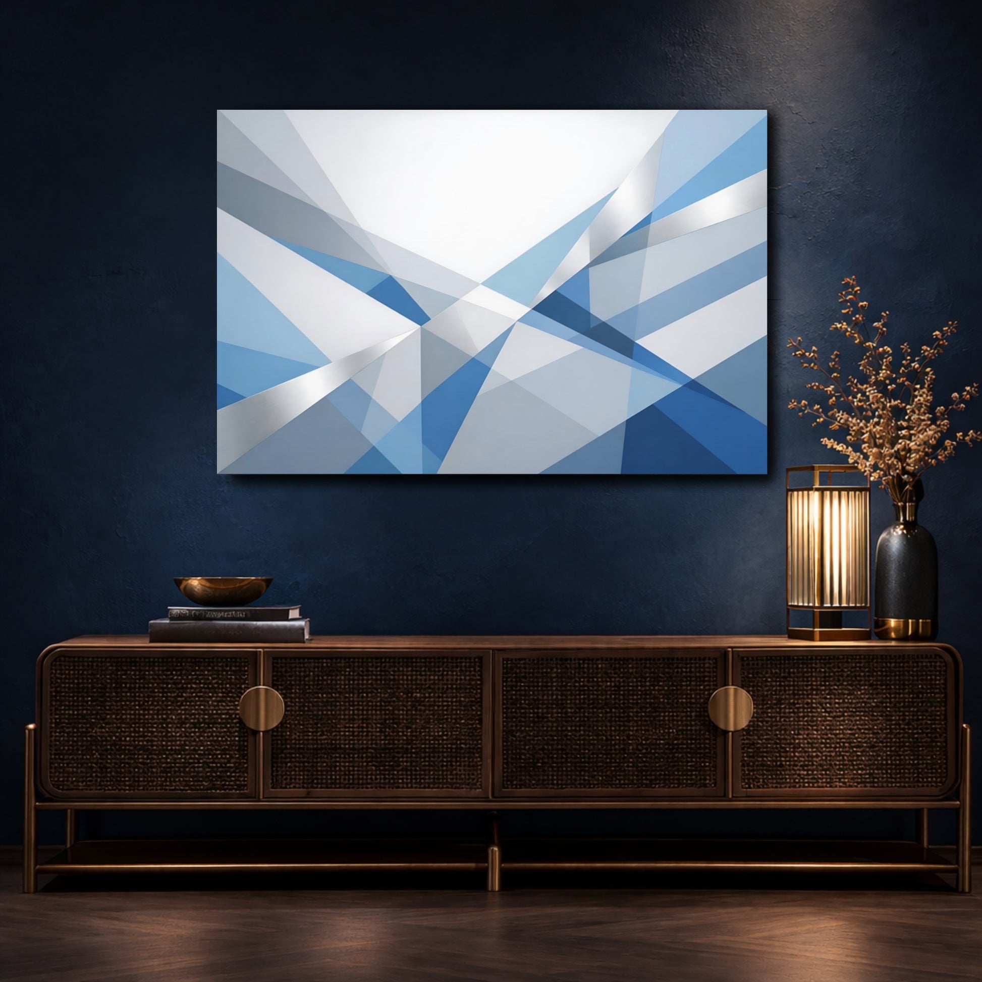 Mockup 4. Abstract Geometric Shapes Blue And Silver shown as stretched canvas wall art