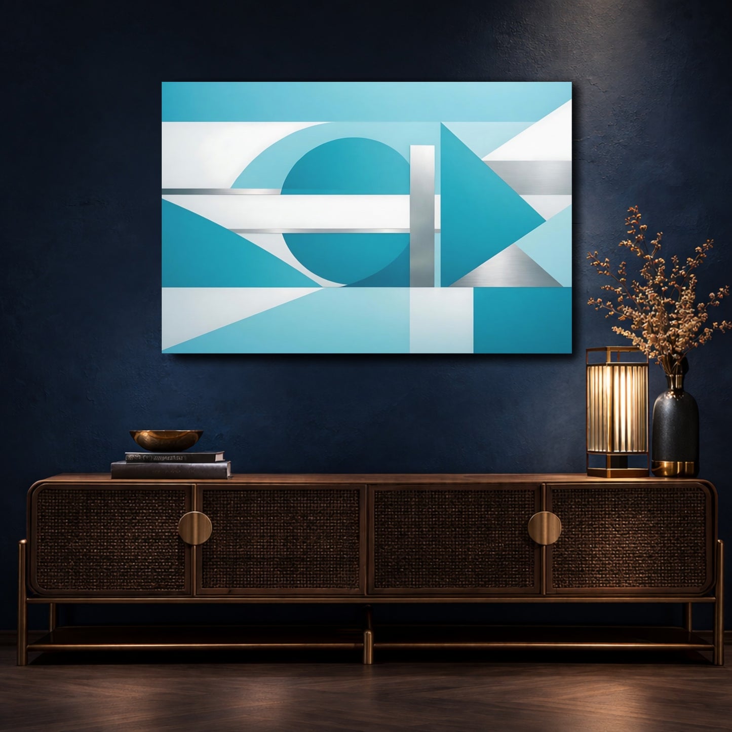 Mockup 4. Abstract Geometric Shapes Blue And Silver shown as stretched canvas wall art