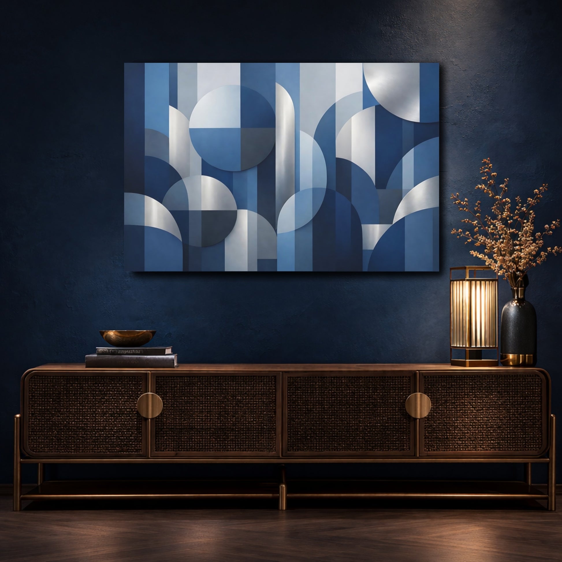 Mockup 4. Abstract Geometric Shapes Blue And Silver shown as stretched canvas wall art