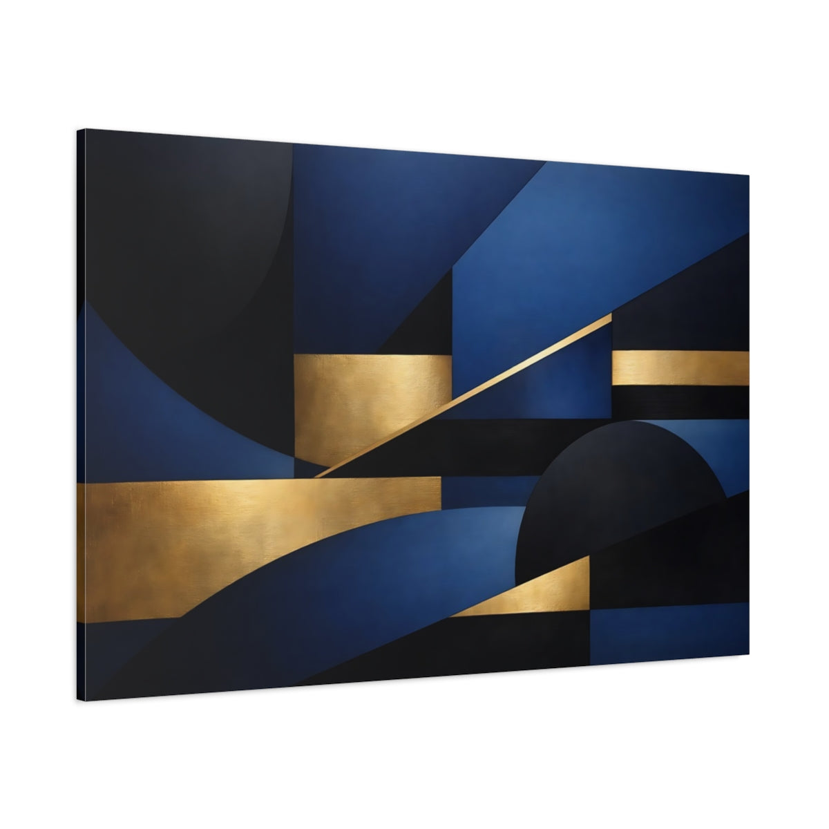 Main Mockup. Abstract Geometric Shapes Blue Black Gold shown as stretched canvas wall art