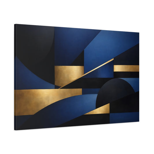 Main Mockup. Abstract Geometric Shapes Blue Black Gold shown as stretched canvas wall art
