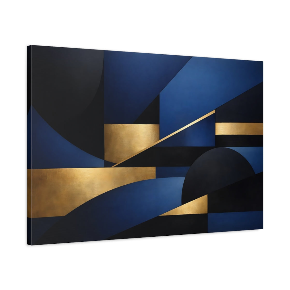 Side Mockup 1. Abstract Geometric Shapes Blue Black Gold shown as stretched canvas wall art
