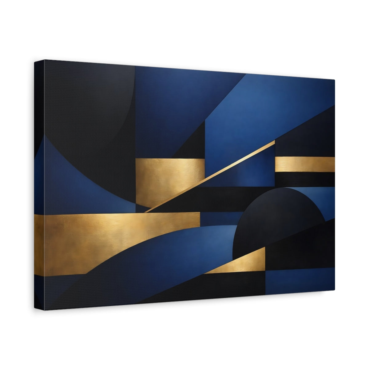 Side Mockup 4. Abstract Geometric Shapes Blue Black Gold shown as stretched canvas wall art